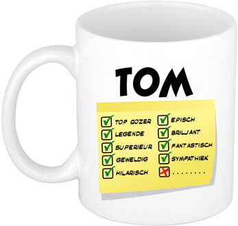 Bellatio Decorations Naam mok Tom - wit - top gozer - keramiek - 300 ml - cadeau collega beker Geel