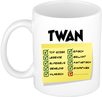 Bellatio Decorations Naam mok Twan - wit - top gozer - keramiek - 300 ml - cadeau collega beker Geel