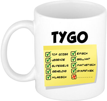 Bellatio Decorations Naam mok Tygo - wit - top gozer - keramiek - 300 ml - cadeau collega beker Geel