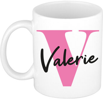 Bellatio Decorations Naam mok Valerie - roze - wit - keramiek - 300 ml - verjaardag/cadeau beker Fuchsia