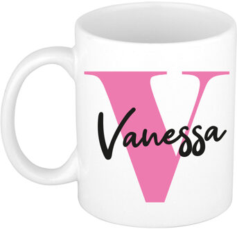 Bellatio Decorations Naam mok Vanessa - roze - wit - keramiek - 300 ml - verjaardag/cadeau beker