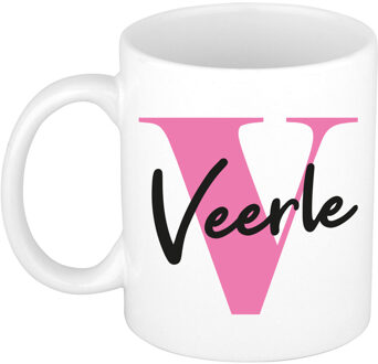 Bellatio Decorations Naam mok Veerle - roze - wit - keramiek - 300 ml - verjaardag/cadeau beker