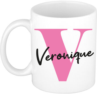 Bellatio Decorations Naam mok Veronique - roze - wit - keramiek - 300 ml - verjaardag/cadeau beker