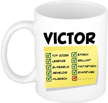 Bellatio Decorations Naam mok Victor - wit - top gozer - keramiek - 300 ml - cadeau collega beker Geel