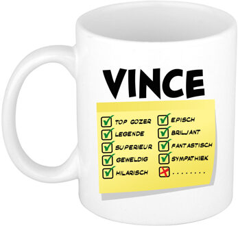 Bellatio Decorations Naam mok Vince - wit - top gozer - keramiek - 300 ml - cadeau collega beker
