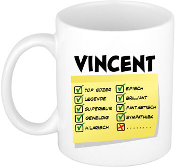 Bellatio Decorations Naam mok Vincent - wit - top gozer - keramiek - 300 ml - cadeau collega beker
