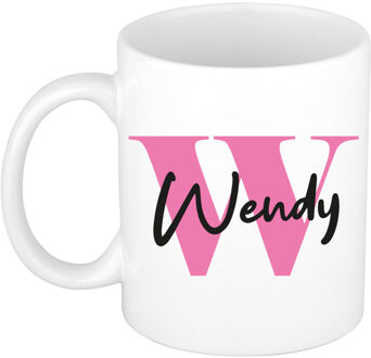 Bellatio Decorations Naam mok Wendy - roze - wit - keramiek - 300 ml - verjaardag/cadeau beker