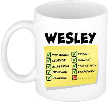 Bellatio Decorations Naam mok Wesley - wit - top gozer - keramiek - 300 ml - cadeau collega beker