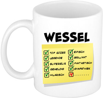 Bellatio Decorations Naam mok Wessel - wit - top gozer - keramiek - 300 ml - cadeau collega beker Geel