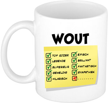 Bellatio Decorations Naam mok Wout - wit - top gozer - keramiek - 300 ml - cadeau collega beker Geel