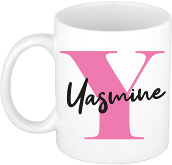 Bellatio Decorations Naam mok Yasmine - roze - wit - keramiek - 300 ml - verjaardag/cadeau beker