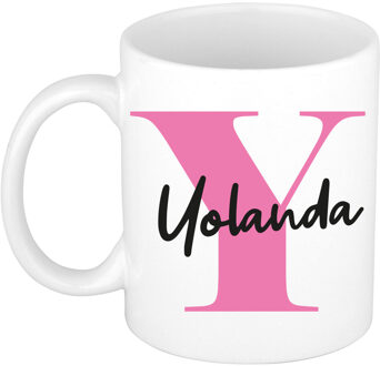 Bellatio Decorations Naam mok Yolanda - roze - wit - keramiek - 300 ml - verjaardag/cadeau beker Fuchsia