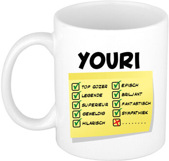 Bellatio Decorations Naam mok Youri - wit - top gozer - keramiek - 300 ml - cadeau collega beker Geel