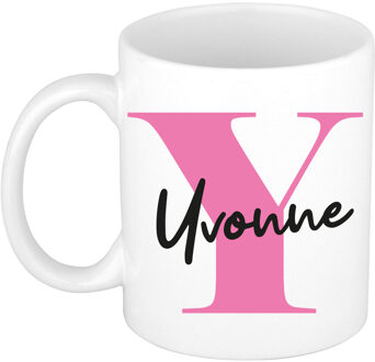 Bellatio Decorations Naam mok Yvonne - roze - wit - keramiek - 300 ml - verjaardag/cadeau beker Fuchsia