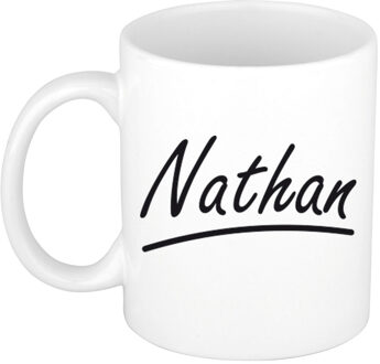 Bellatio Decorations Nathan Naam koffiemok - beker - met sierlijke letters - wit - 300 ml - Cadeau - Heren