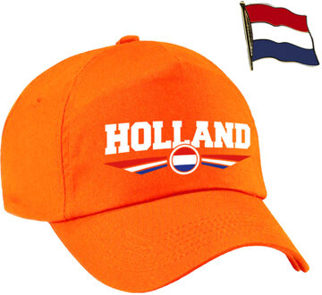 Bellatio Decorations Nederland supporters setje - baseballcap print oranje - colbert pin broche vlag - volwassenen