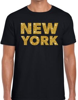 Bellatio Decorations New York gouden glitter tekst t-shirt zwart heren