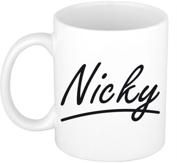 Bellatio Decorations Nicky Naam koffiemok - beker - met sierlijke letters - wit - 300 ml - Cadeau - Dames