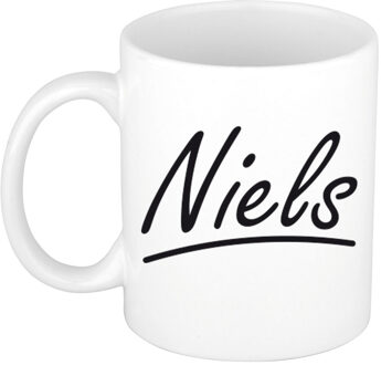 Bellatio Decorations Niels Naam koffiemok - beker - met sierlijke letters - wit - 300 ml - Cadeau - Heren