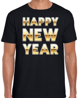 Bellatio Decorations Nieuwjaar Happy New Year tekst t-shirt zwart met goud voor heren 2XL