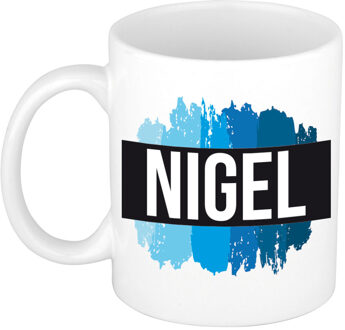 Bellatio Decorations Nigel naam cadeau koffie mok - beker - met blauw verfstrepen - Cadeau collega - vaderdag