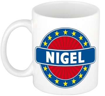 Bellatio Decorations Nigel voornaam koffiemok - beker - wit/blauw - 300 ml - Cadeau - Heren - Collega - Vaderdag