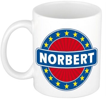 Bellatio Decorations Norbert voornaam koffiemok - beker - wit/blauw - 300 ml - Cadeau - Heren - Collega - Vaderdag Multi