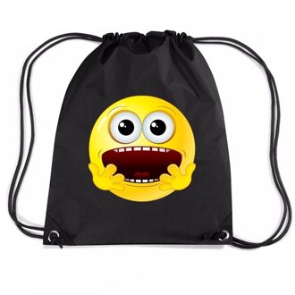 Bellatio Decorations Nylon emoticon smile geschrokken rugzak zwart met rijgkoord