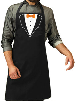 Bellatio Decorations Ober grappig cadeau schort met oranje strik - heren zwart