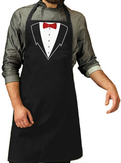 Bellatio Decorations Ober grappig cadeau schort - met rode strik - heren - zwart - bediending - kelner