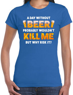 Bellatio Decorations Oktoberfest A day Without Beer drank fun t-shirt blauw voor dames 2XL