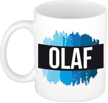 Bellatio Decorations Olaf naam cadeau koffie mok - beker - met blauw verfstrepen - Cadeau collega - vaderdag