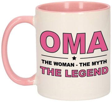 Bellatio Decorations Oma the woman the myth the legend - cadeau koffiemok - beker - wit en roze - 300 ml - verjaardag