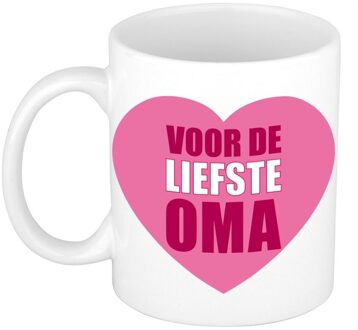 Bellatio Decorations Oma verjaardag cadeau koffiemok - beker - voor de liefste oma - 300 ml - wit met roze