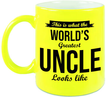 Bellatio Decorations Oom cadeau mok / beker neon geel This is what the Worlds Greatest Uncle looks like