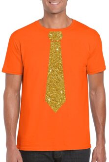 Bellatio Decorations Oranje fun t-shirt met stropdas in glitter goud heren