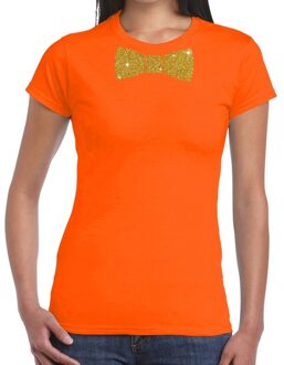 Bellatio Decorations Oranje fun t-shirt met vlinderdas in glitter goud dames 2XL