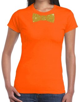 Bellatio Decorations Oranje fun t-shirt met vlinderdas in glitter goud dames