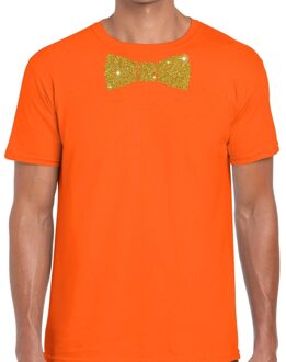 Bellatio Decorations Oranje fun t-shirt met vlinderdas in glitter goud heren L