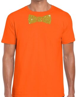 Bellatio Decorations Oranje fun t-shirt met vlinderdas in glitter goud heren