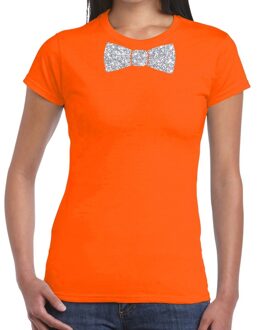 Bellatio Decorations Oranje fun t-shirt met vlinderdas in glitter zilver dames 2XL