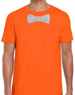 Bellatio Decorations Oranje fun t-shirt met vlinderdas in glitter zilver heren L