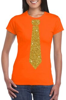 Bellatio Decorations Oranje fun verkleed t-shirt - met stropdas - in glitter goud - dames - korte mouwen