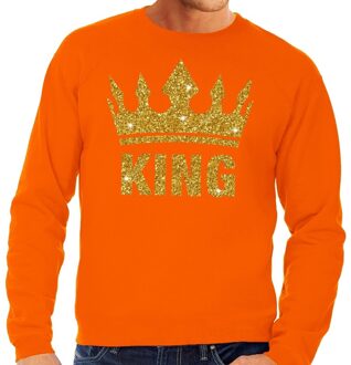 Bellatio Decorations Oranje King gouden glitter kroon sweater / trui heren - Oranje Koningsdag kleding 2XL