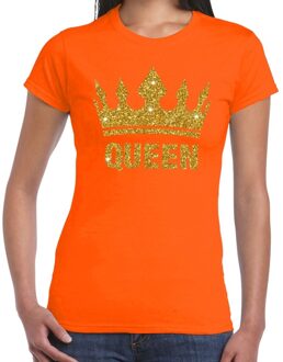 Bellatio Decorations Oranje Koningdag Queen shirt met gouden glitters en kroon dames 2XL - Feestshirts