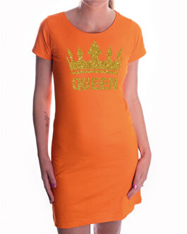 Bellatio Decorations Oranje Koningsdag Queen jurkje met gouden glitter kroon dames - Oranje Koningsdag kleding L