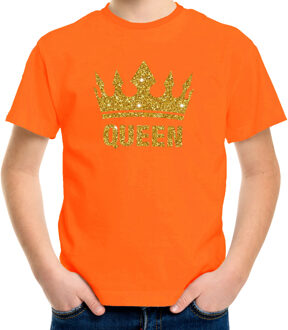 Bellatio Decorations Oranje Queen gouden glitter kroon - t-shirt kinderen - Oranje Koningsdag kleding L (146-152)