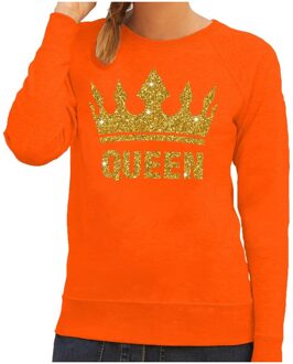 Bellatio Decorations Oranje Queen print sweater - trui met gouden glitter kroon - voor dames - Koningsdag kleding