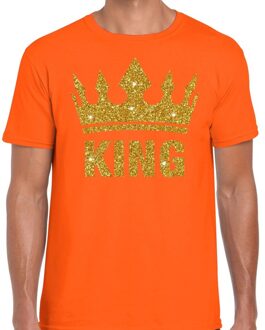 Bellatio Decorations Oranje t-shirt - King - gouden glitter letters - kroon - heren - Koningsdag - EK/WK