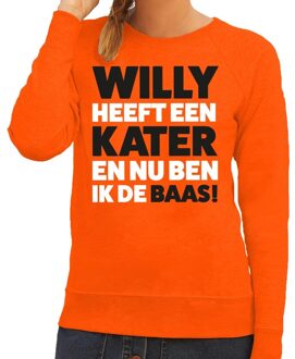 Bellatio Decorations Oranje tekst sweater Willy heeft een kater en nu ben ik de baas voor dames -  Koningsdag kleding 2XL